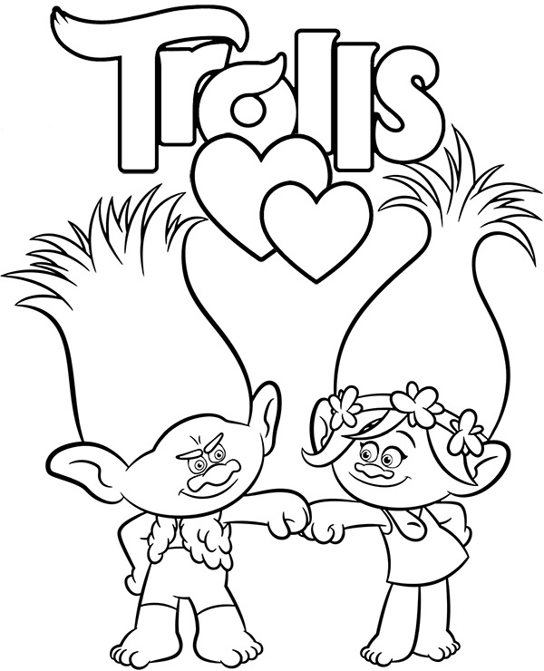 Trolls coloring sheet with hearts