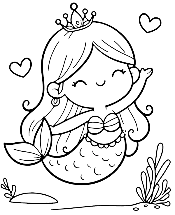 Lovely mermaid with hearts coloring page