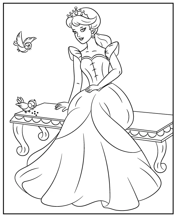 Lovely princess and birds coloring page