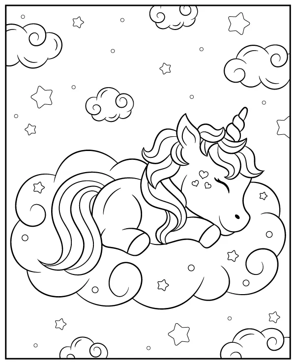 Unicorn sleeping on a cloud coloring page