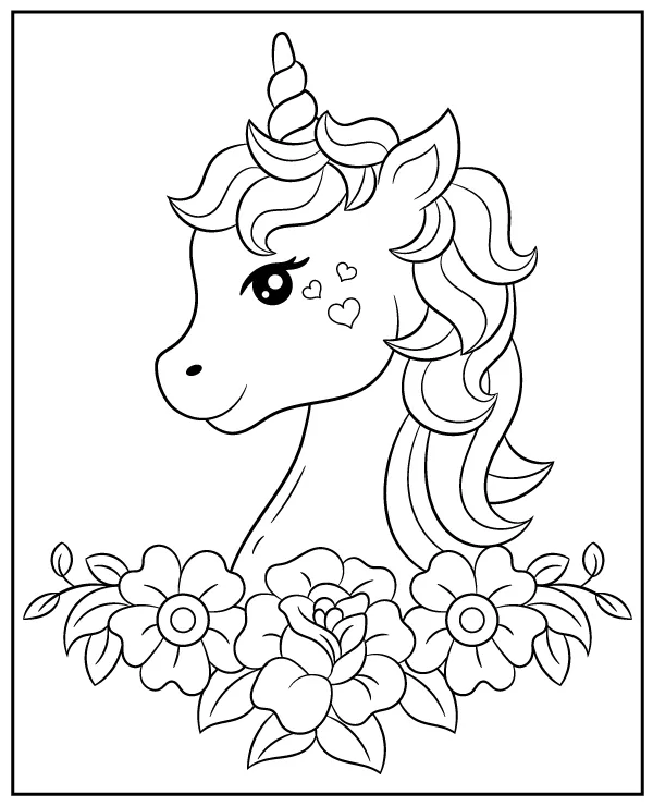 Unicorn head and flowers coloring page