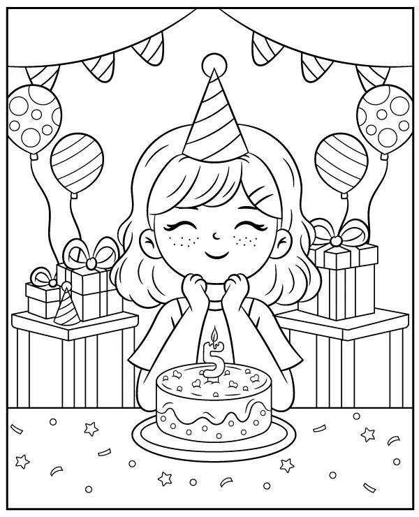 Birthday coloring page of a girl & a birthday cake