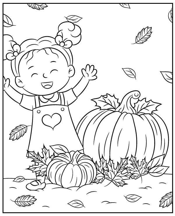 Happy girl and a big pumpkin coloring page for Pumpkin Day