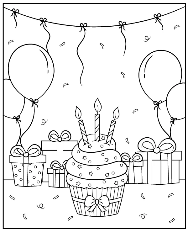 Birthday coloring page of a birthday cake and presents