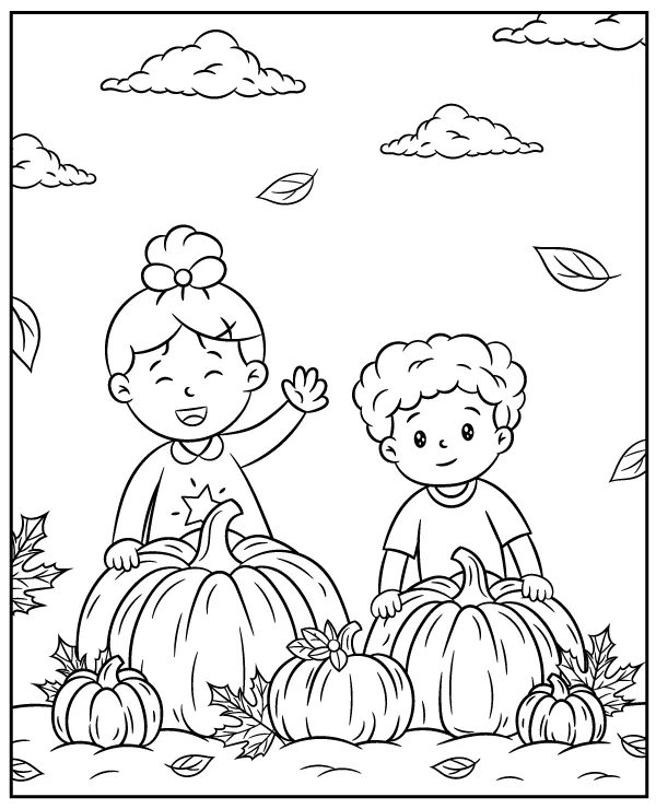 Happy kids and pumpkins coloring page for Pumpkin Day
