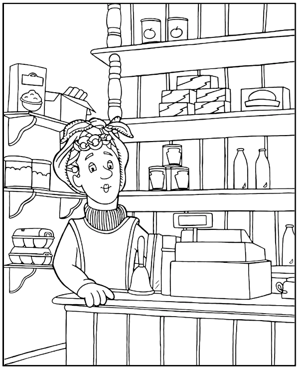 Dylis Price in a shop coloring page