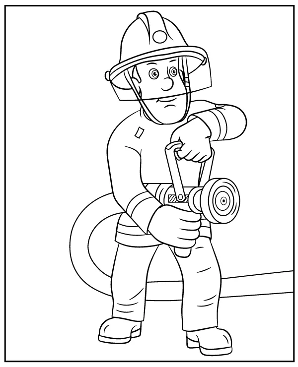 Fireman Sam holding a fire hose coloring page