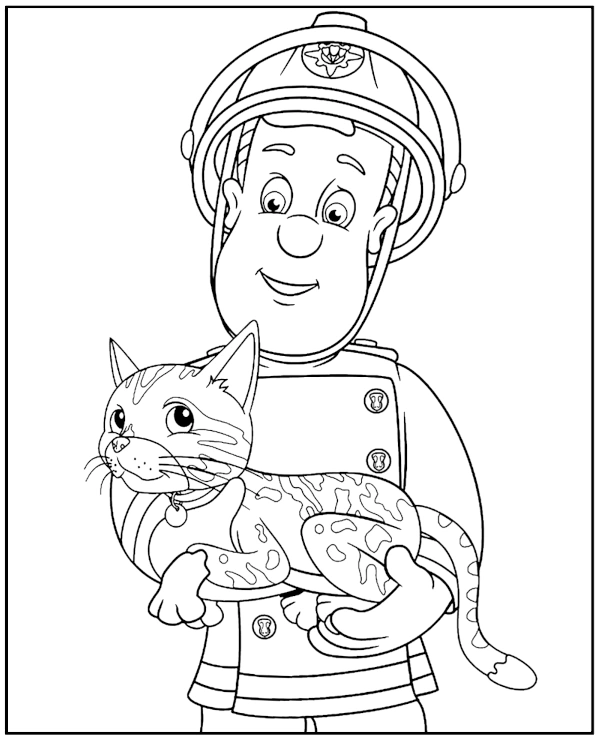 Fireman Sam holding a cat coloring page for kids