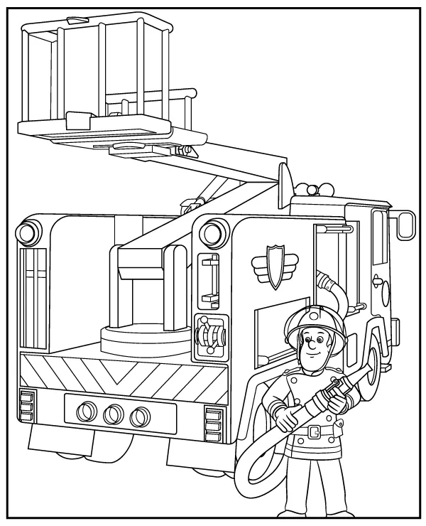 Fireman Sam with the fire truck coloring page