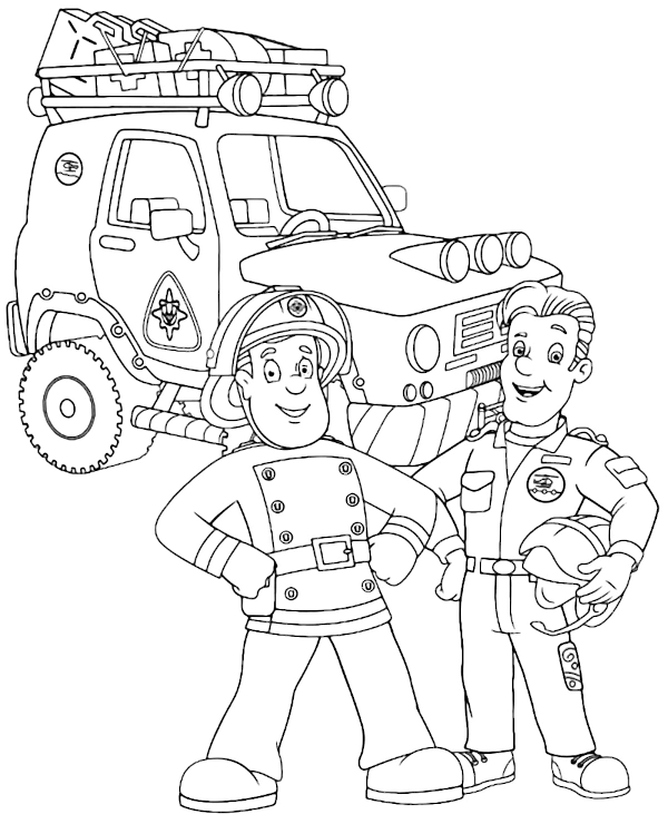 Fireman Sam and Elvis coloring page for children