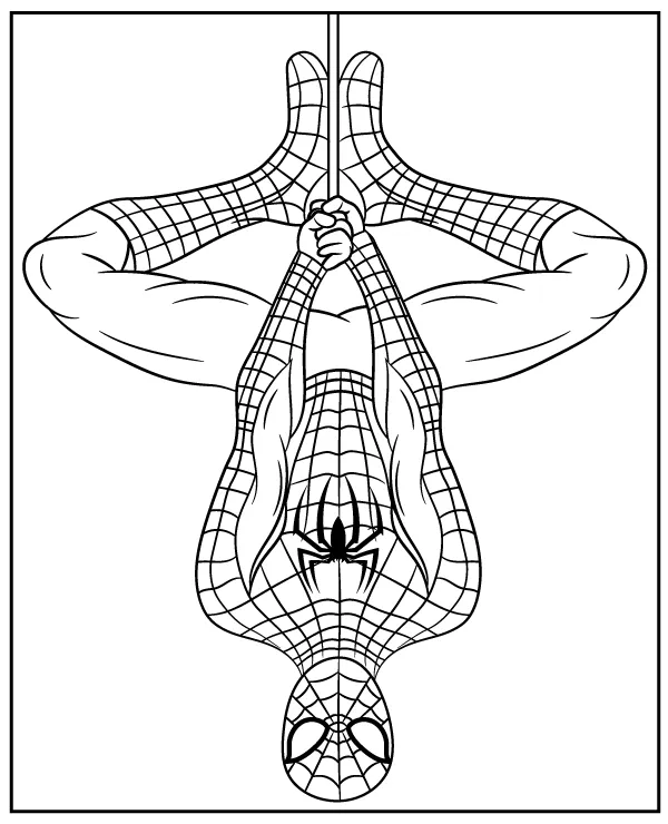 Spider-Man hanging from the ceiling coloring page