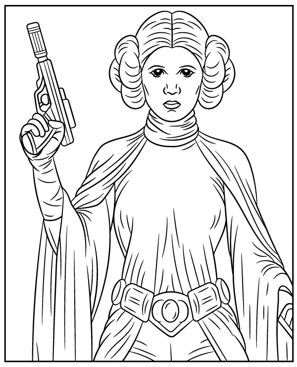 Star Wars Princess Leia holding a gun coloring page
