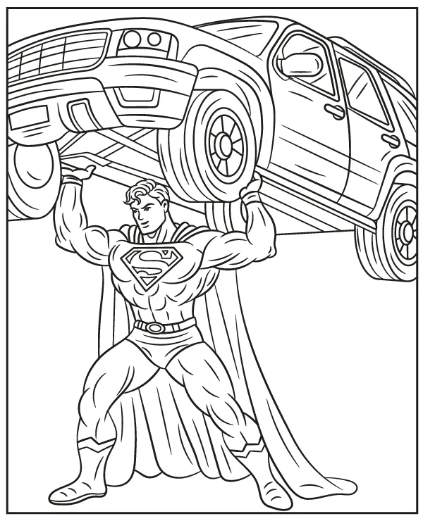 Coloring page Superman lifting a car 