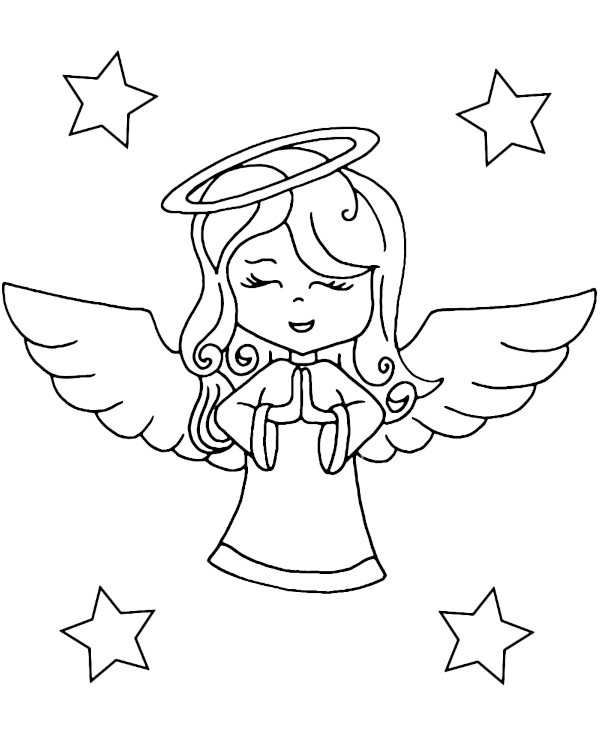 Printable coloring page angel and stars