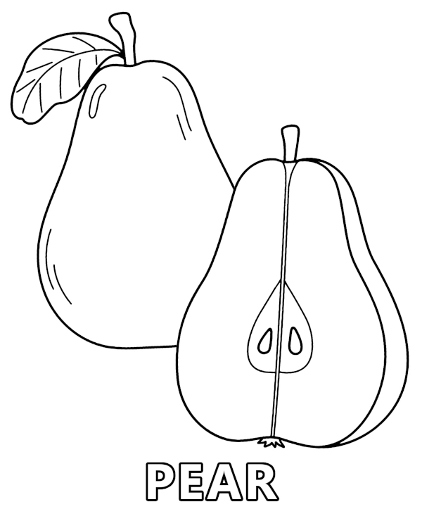 A cut pear coloring page for children with garden fruit