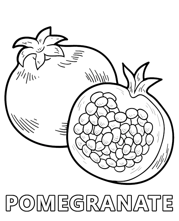 A cut pomegranate coloring page for children with exotic fruits
