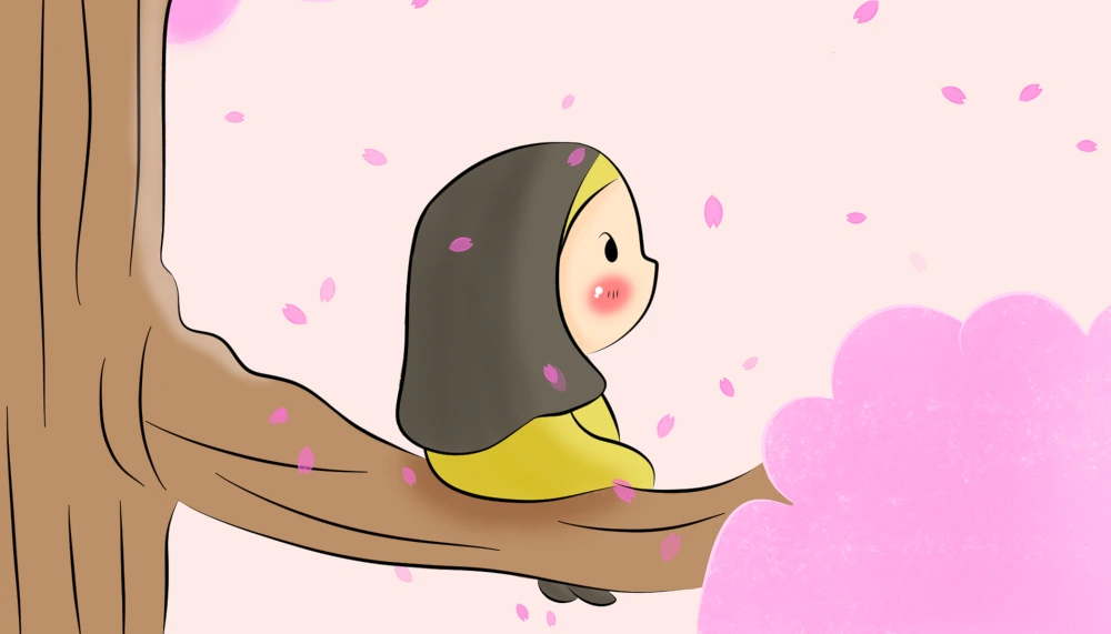 A cartoon girl concentrated on coloring banner
