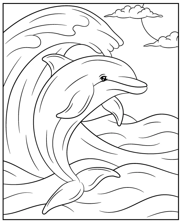 Coloring page of a dolphin jumping out of the sea