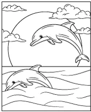 Jumping dolphins during sunset printable coloring page water world