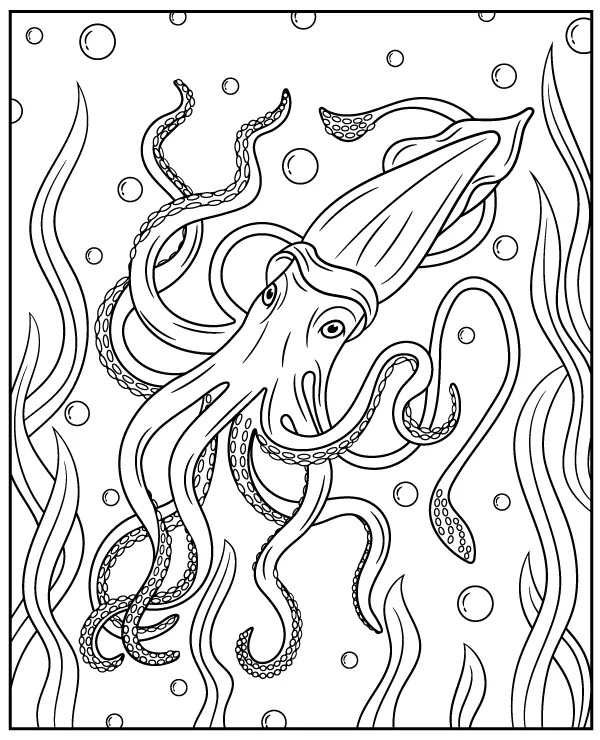 Coloring page giant squid underwater