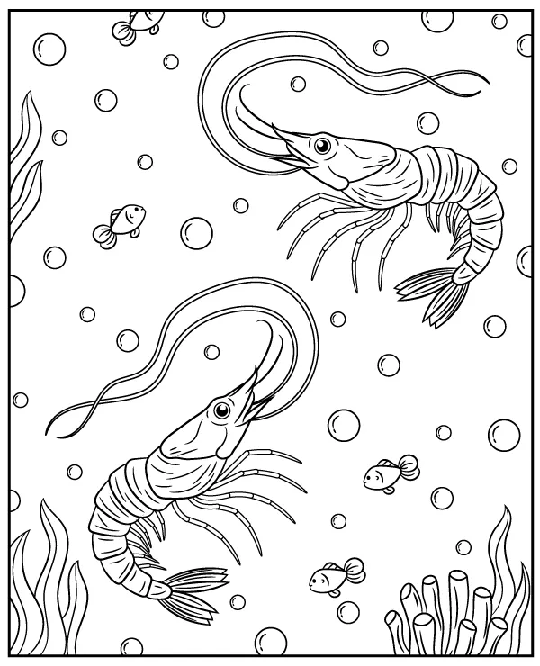 Coloring page shrimps in the water