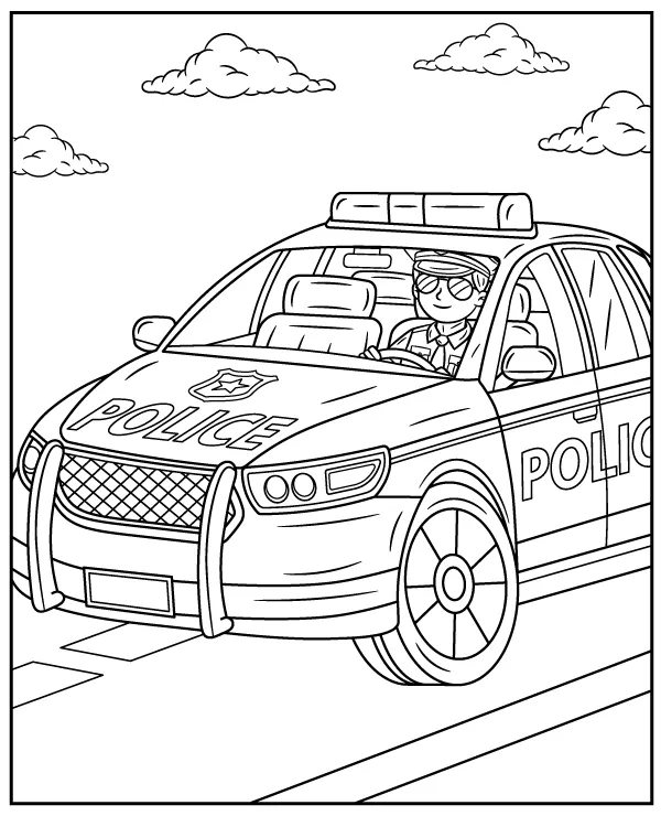 Policeman driving a police car coloring page