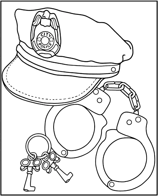 Police handcuffs and a cap coloring page