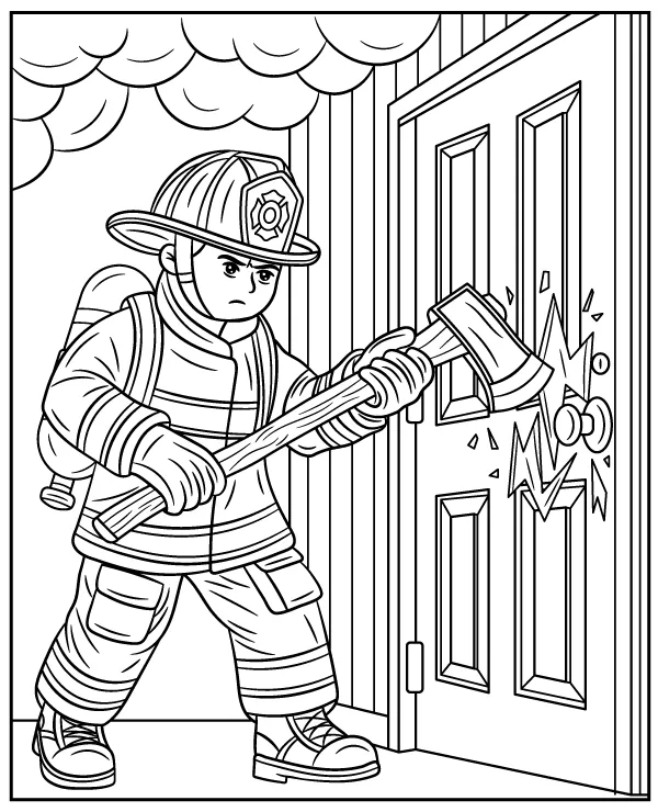 Fireman breaking down a door coloring page for children