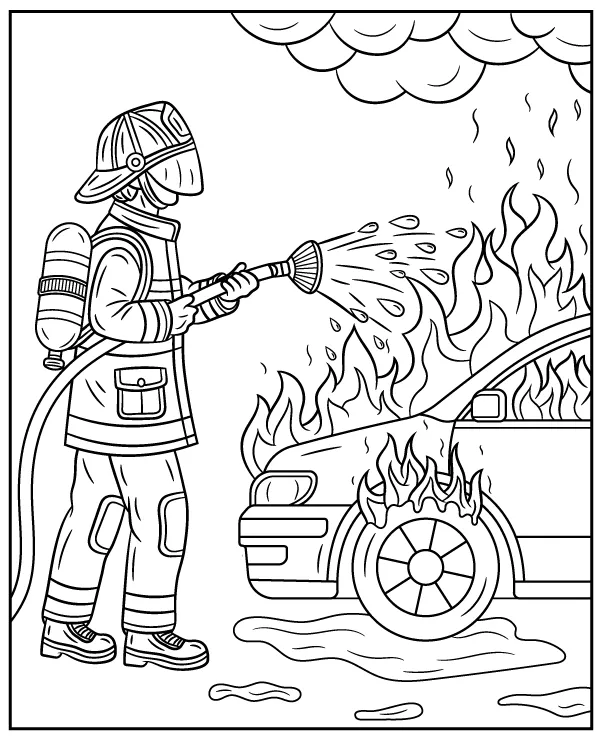 A firefighter extinguishes a car coloring page