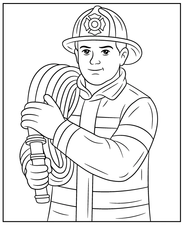 Firefighter carrying a fire hose coloring page for children