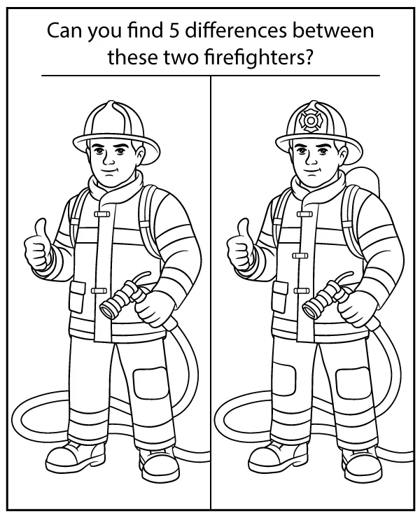 Spot 5 differences between fireman pictures - puzzle for kids