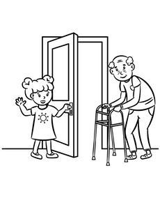 Girl helping an old man coloring page
