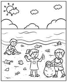 Children clean a beach coloring sheet