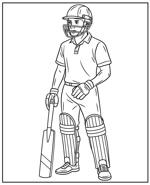 Cricket Player standing with a bat coloring page