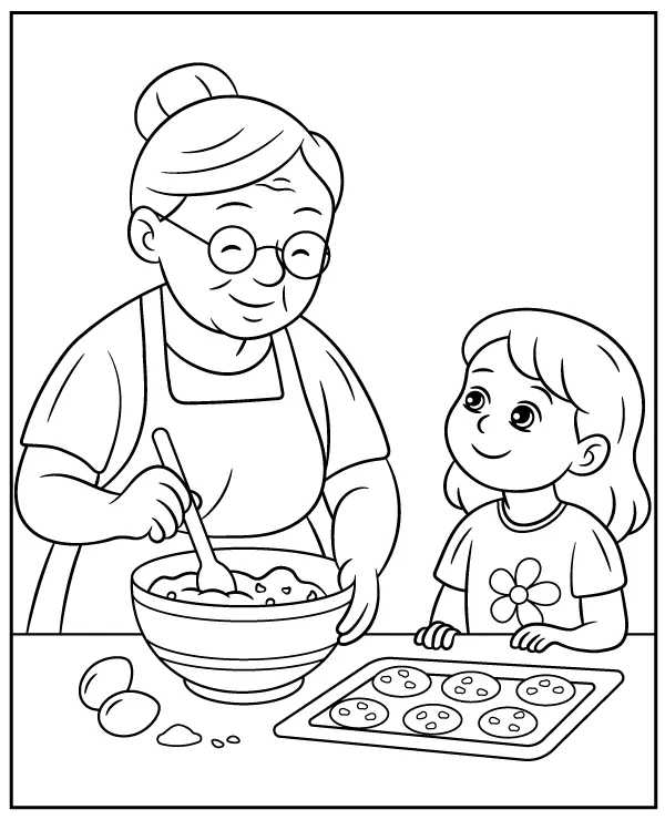 Grandma Bakes with Her Granddaughter Grandparents Day Coloring Page