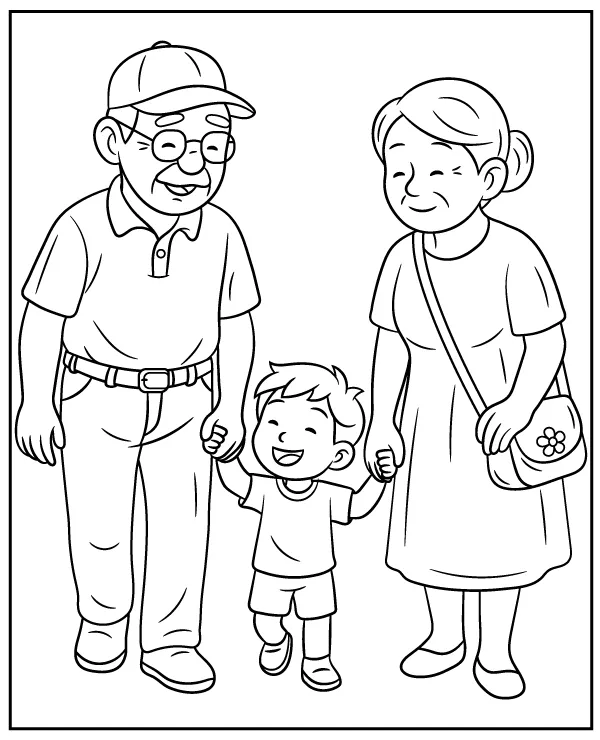 Grandparents with grandson printable coloring page