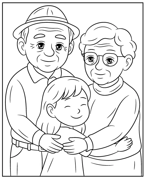 Grandparents Hugging Granddaughter Printable Coloring Page