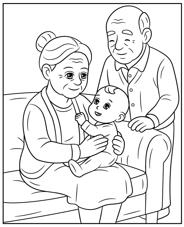 Grandparents with a baby coloring page