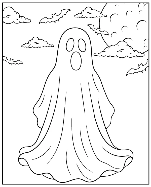 Halloween coloring page with a ghost at night