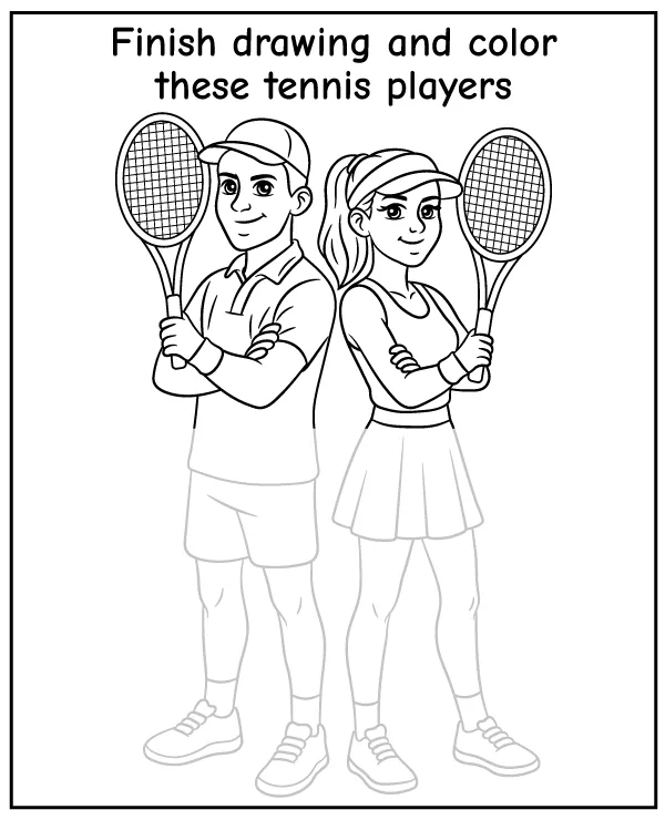 Tennis puzzle for kids - complete and color the drawing