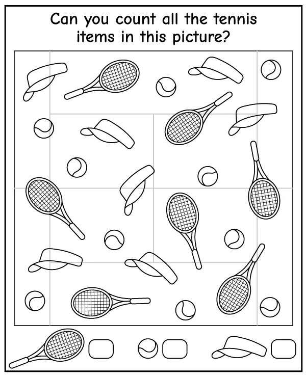 Tennis puzzle for kids - count all tennis items