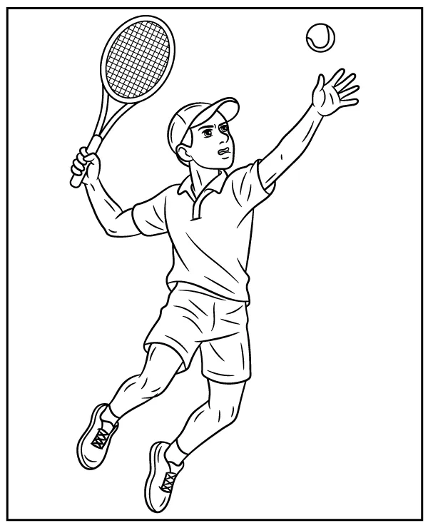 Tennis player serving the ball printable coloring page