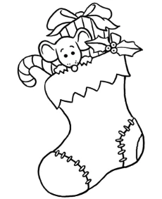 Mouse in th stocking with Christmas gifts coloring sheet