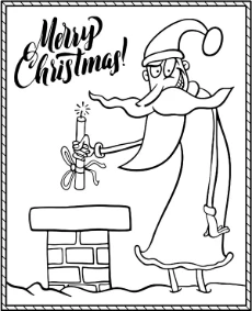 Funny Santa throws dynamite into the chimney coloring page Christmas