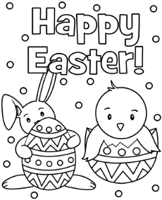 Happy Easter coloring page with a chick and Easter bunny