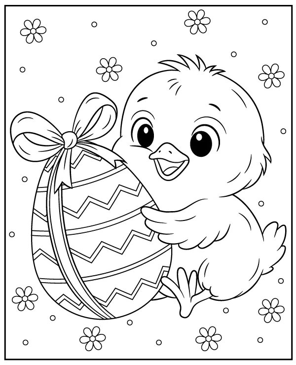 Easter chick holding a big egg coloring page