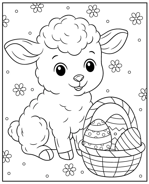 Easter lamb with a basket full of eggs coloring page