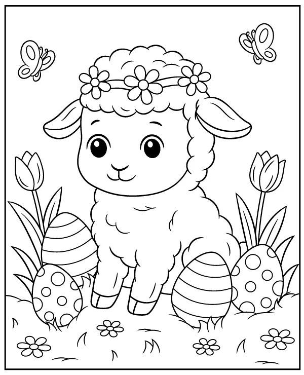 Easter lamb and Easter eggs coloring page for kids