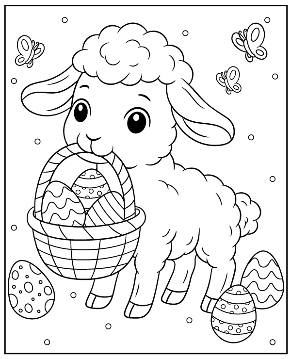 Cute Easter lamb with a basket coloring page for kids