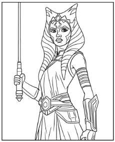 Star Wars coloring page Ahsoka Tano holding a lightsaber